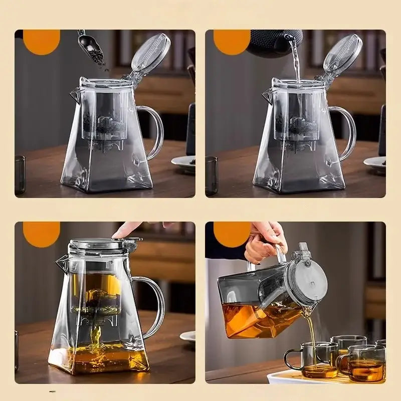Modern clear glass teapot with silver filter – kitchen tea set
