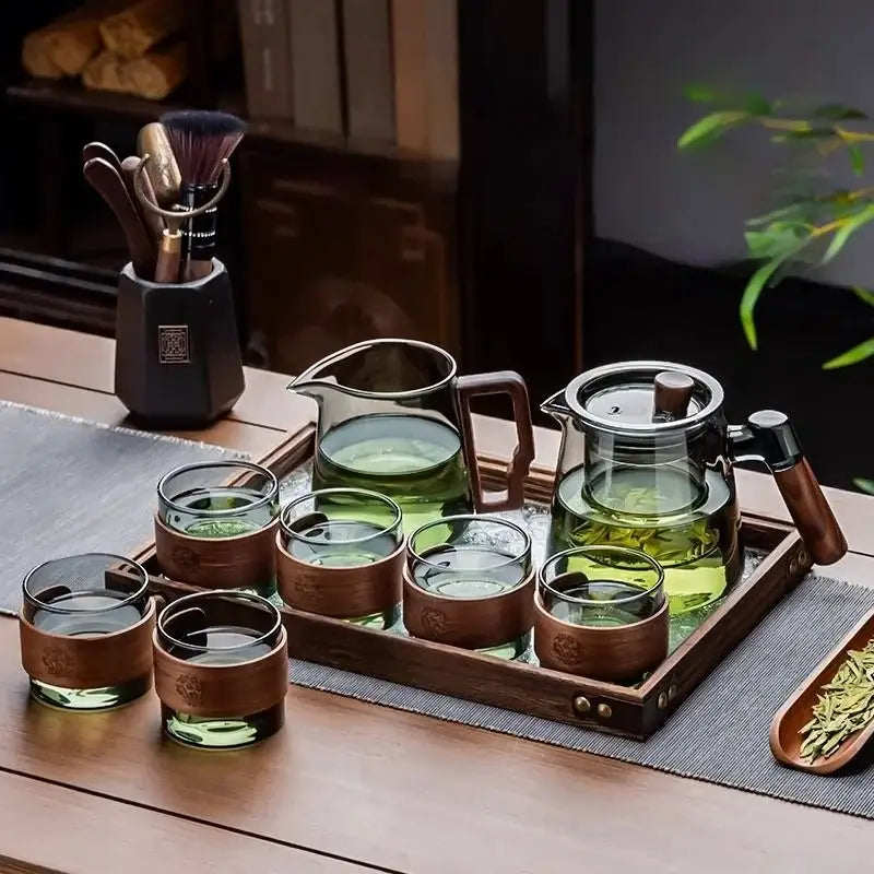 Floral glass teapot set with bamboo sleeve – kitchen tea maker