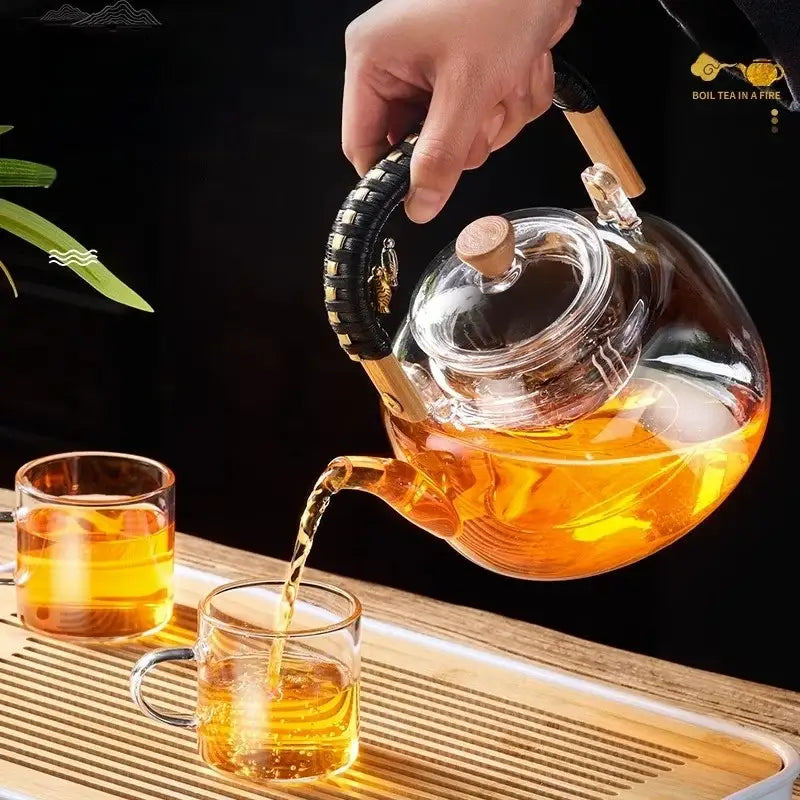 Modern glass teapot with wood handle for kitchen and dining room