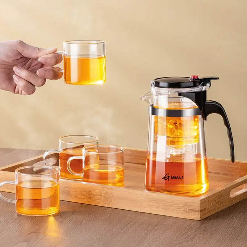 Modern glass teapot with one-button filter – kitchen glass pitcher