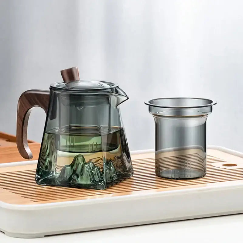 Mountain base glass teapot with wood handle – kitchen infuser teaware