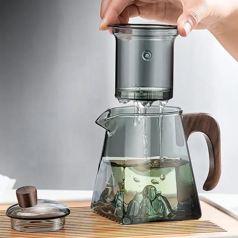 Mountain base glass teapot with wood handle – kitchen infuser teaware