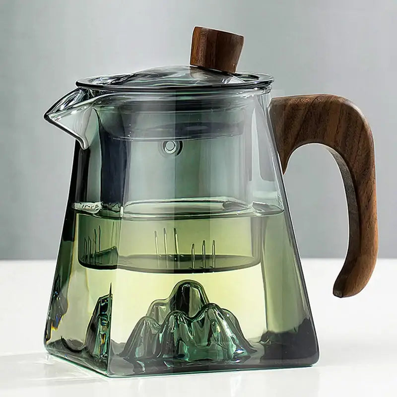 Mountain base glass teapot with wood handle – kitchen infuser teaware
