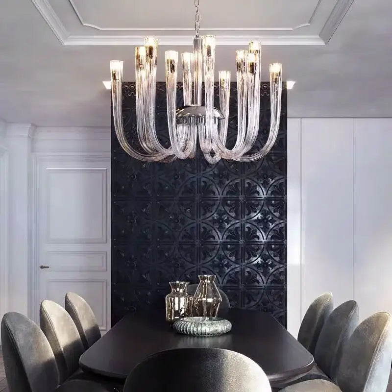 Modern chrome glass tube chandelier dining room acrylic arms