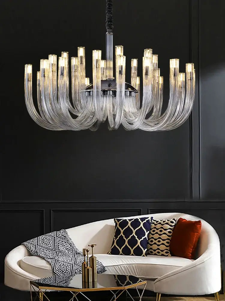Modern chrome glass tube chandelier dining room acrylic arms