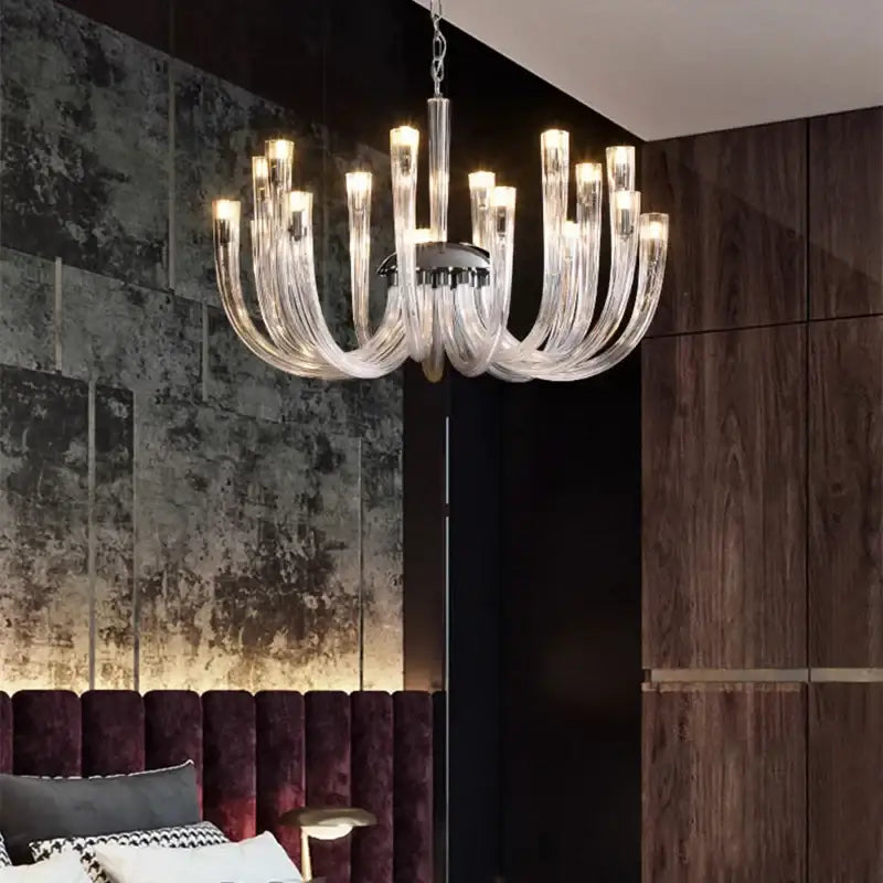 Modern chrome glass tube chandelier dining room acrylic arms