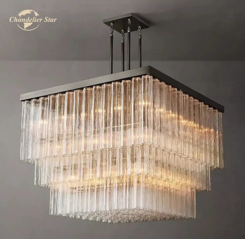 Modern black glass tube led square chandelier dining room light