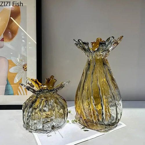 Vases en verre soufflé ambre et or, décoration de salon