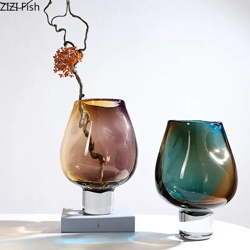 Amber & teal gradient glass vase hydroponics – living room decor