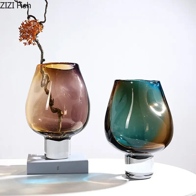 Amber & teal gradient glass vase hydroponics – living room decor