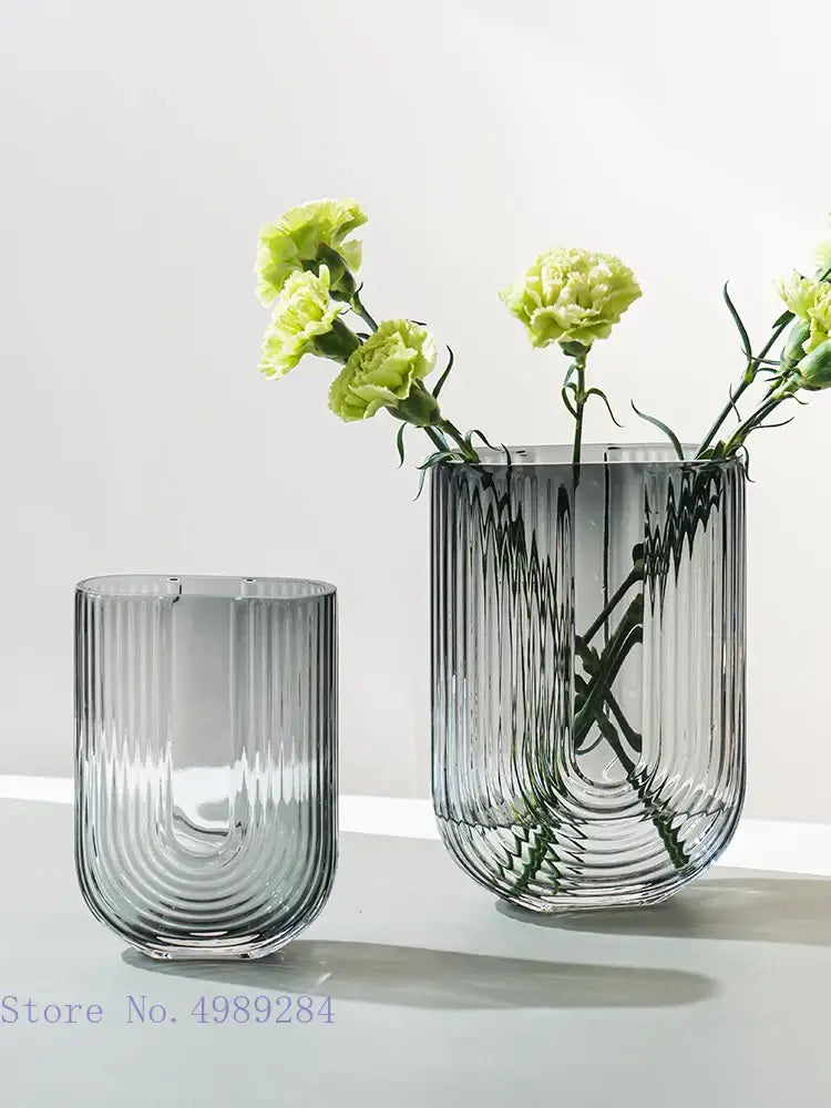 Modern ribbed gray glass vase living room flower arrangement decor