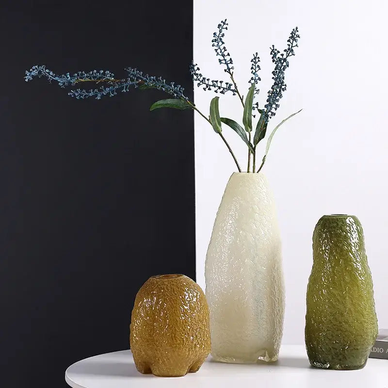 Textured olive beige and amber glass vase living room decor