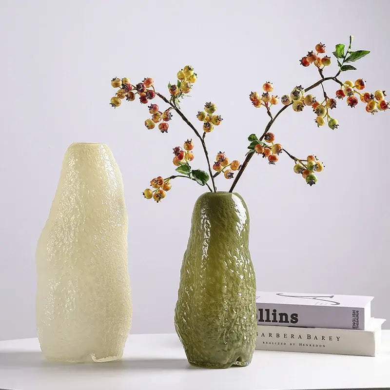 Textured olive beige and amber glass vase living room decor