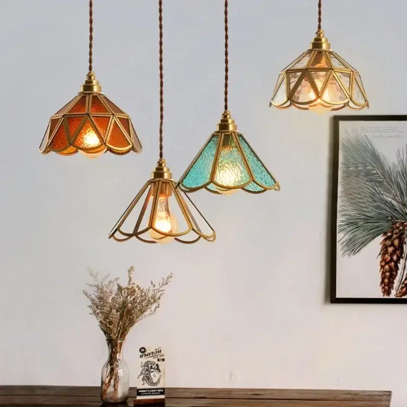Vintage amber & teal glass pendant lights kitchen chandelier