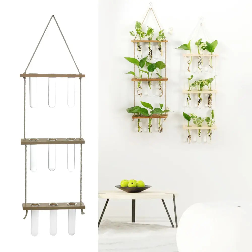 DecorBites wooden holder wall hanging with three tiers of clear glass test tubes holding green plants