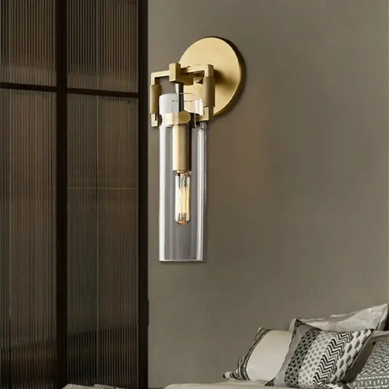 Industrial gold glass wall lamp for bedroom with exposed bulb