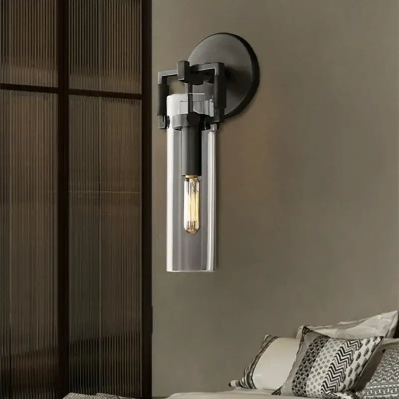 Industrial gold glass wall lamp for bedroom with exposed bulb