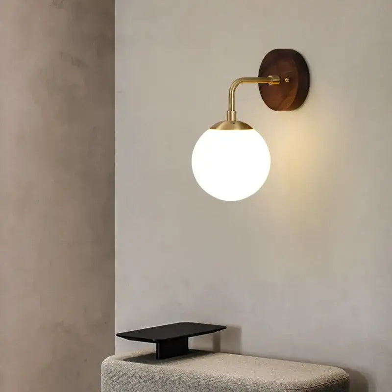 Modern walnut and brass glass wall light fixture bedroom sconce