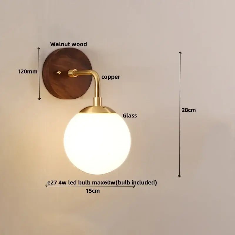 Modern walnut and brass glass wall light fixture bedroom sconce