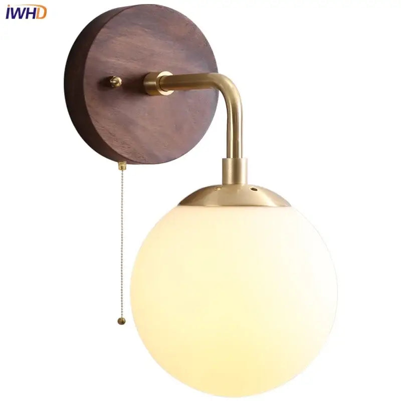 Modern walnut and brass glass wall light fixture bedroom sconce