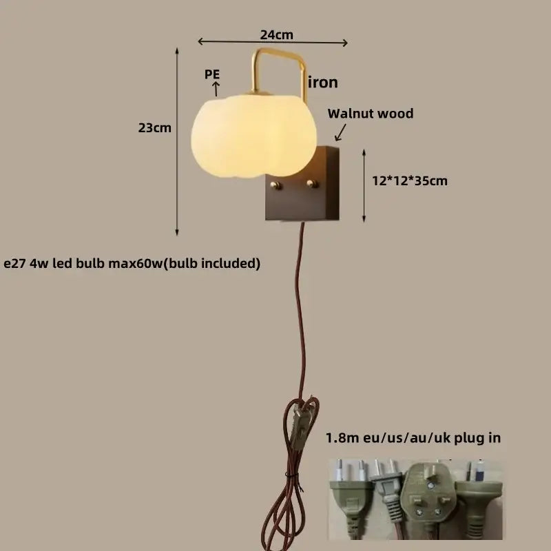 Modern walnut and brass glass wall light fixture bedroom sconce