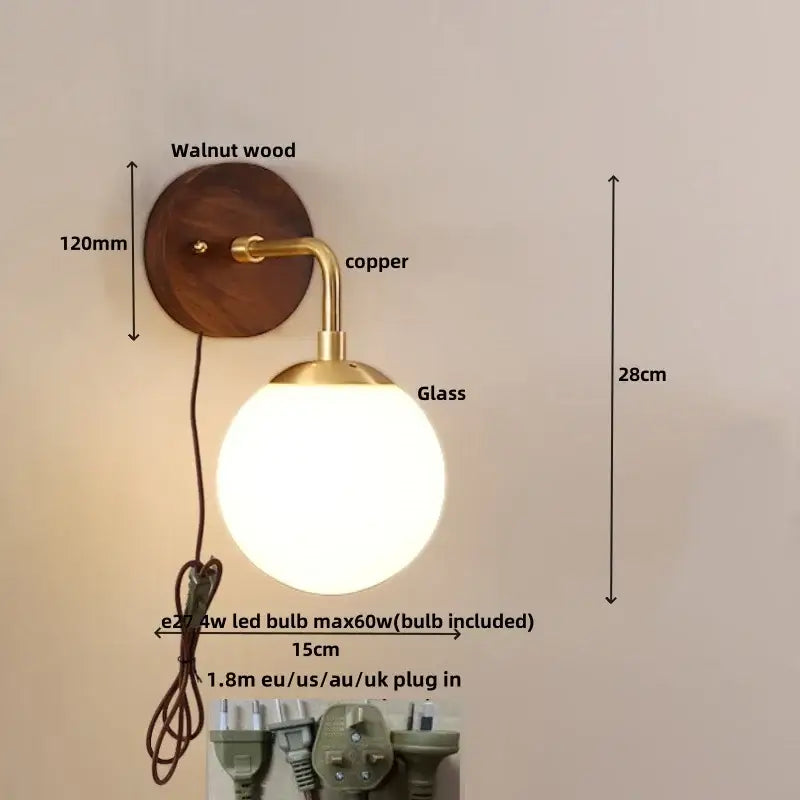 Modern walnut and brass glass wall light fixture bedroom sconce