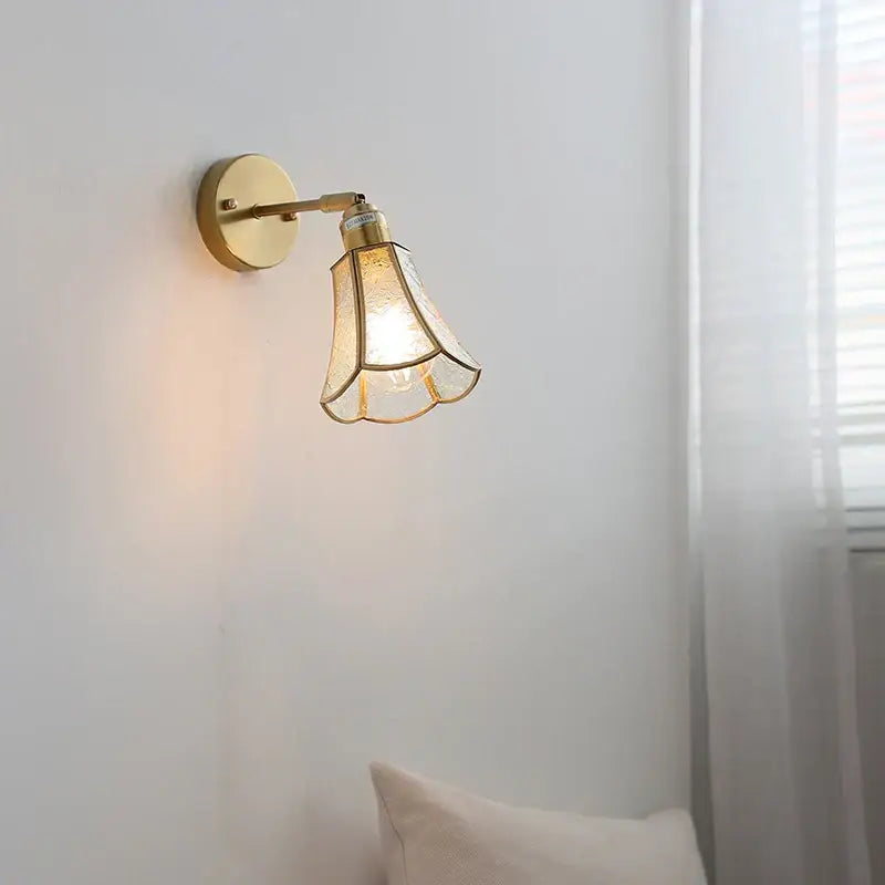 Antique brass glass wall light bedroom sconce with textured shade