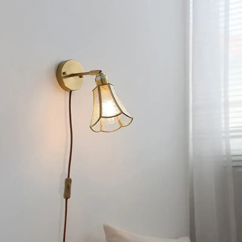 Antique brass glass wall light bedroom sconce with textured shade