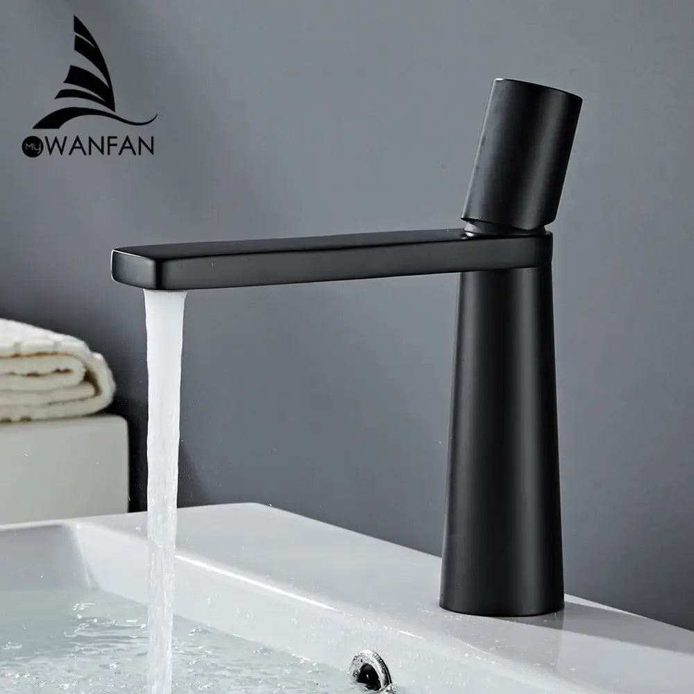 Black matte finish basin faucet with sleek cylindrical spout and rectangular handle by my wanfan decorbites gold brass