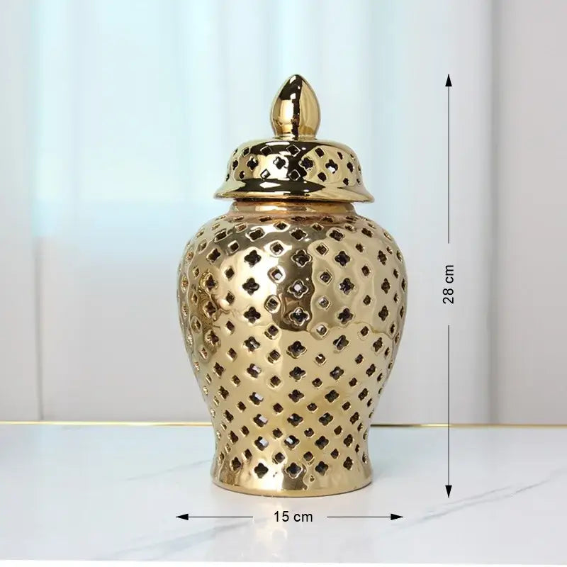 DecorBites™ Gold Ceramic Carved Temple Jar - Home Decor