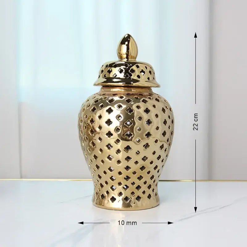 DecorBites™ Gold Ceramic Carved Temple Jar - Home Decor