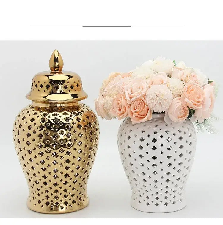 DecorBites™ Gold Ceramic Carved Temple Jar - Home Decor