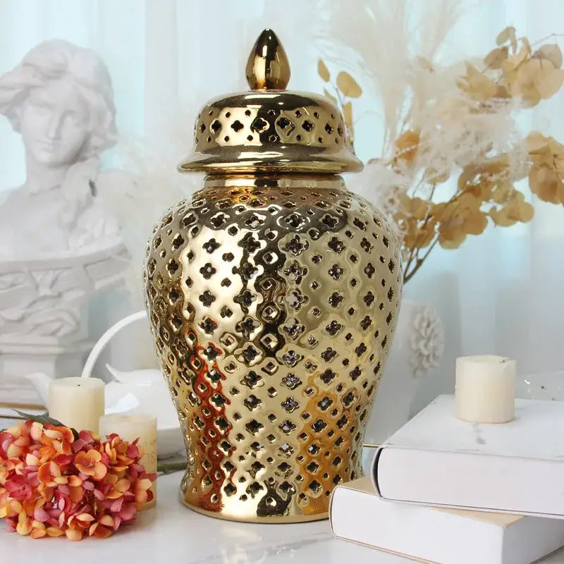DecorBites™ Gold Ceramic Carved Temple Jar - Home Decor