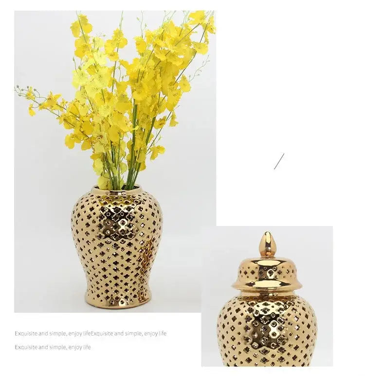DecorBites™ Gold Ceramic Carved Temple Jar - Home Decor