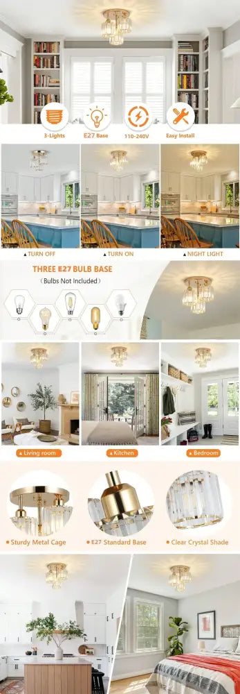 DecorBites™ Gold Crystal Semi-Flush Mount Ceiling Light