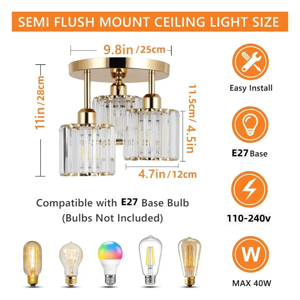DecorBites™ Gold Crystal Semi-Flush Mount Ceiling Light