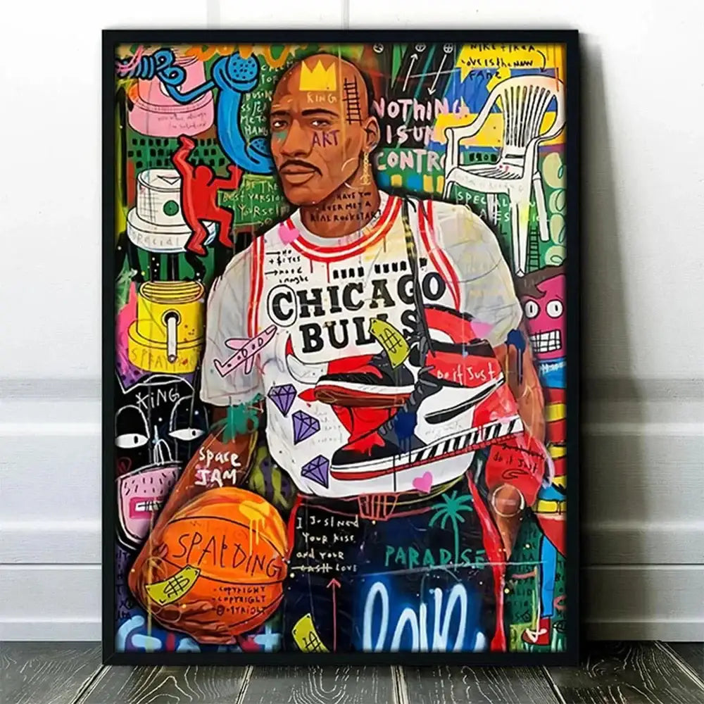 Vibrant graffiti basketball celebrities wall art print featuring michael jordan in chicago bulls jersey holding sneakers