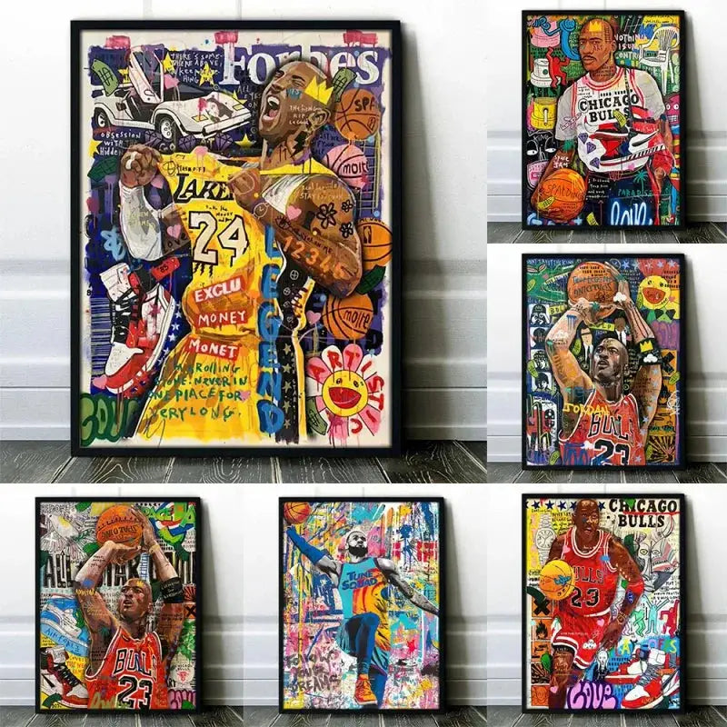 Vibrant graffiti basketball celebrities wall art print featuring iconic nba players in dynamic action poses with bold colors
