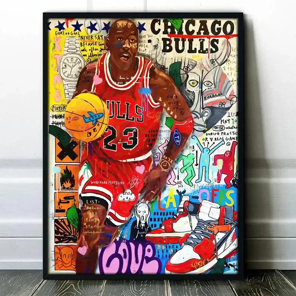 Vibrant graffiti basketball celebrities wall art print featuring michael jordan in red chicago bulls jersey number 23