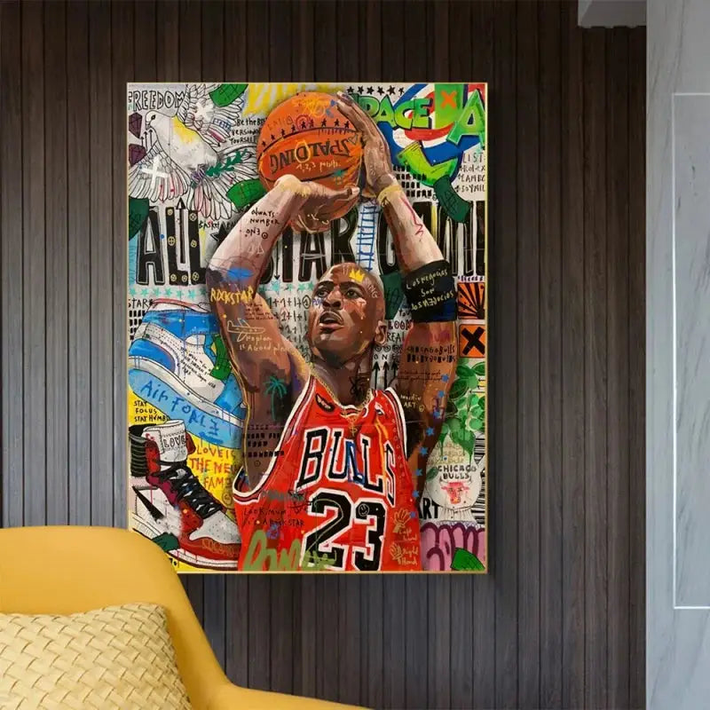 Decorbites™ graffiti basketball celebrities wall art print featuring vibrant michael jordan in red bulls jersey 23