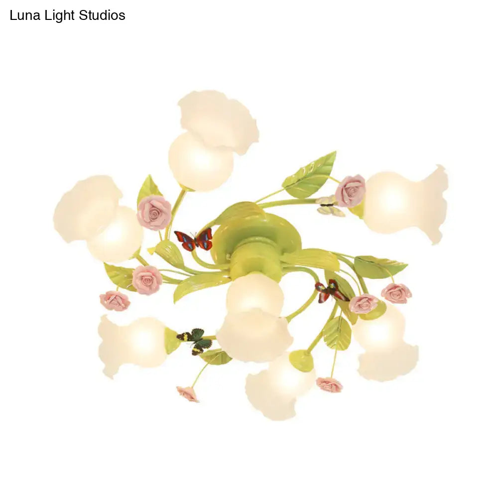 DecorBites™ Green Opaque Glass Spiral Bedroom Ceiling Light Fixture - Semi-Flush Mount (4/7 Bulbs) - Traditional Design