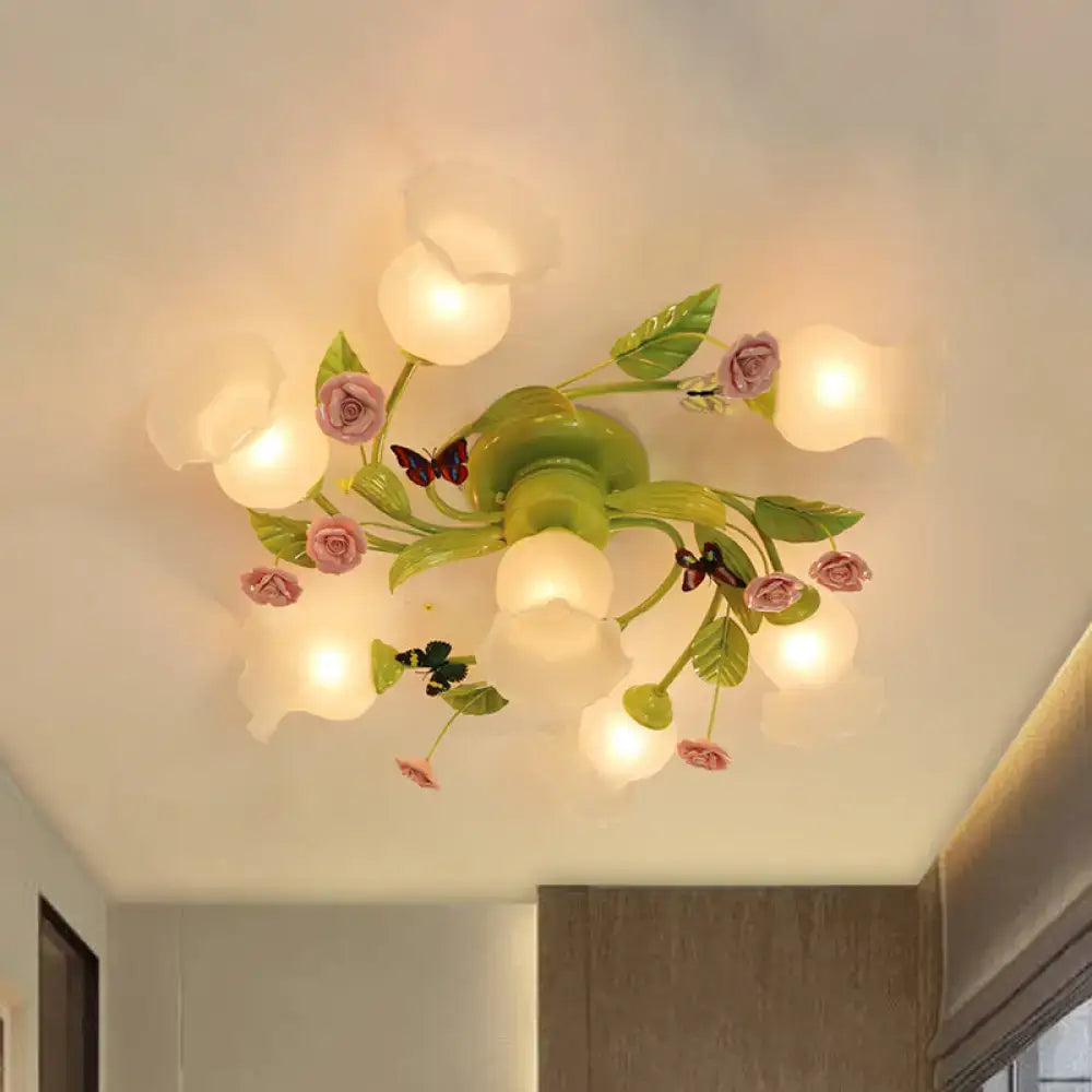 DecorBites™ Green Opaque Glass Spiral Bedroom Ceiling Light Fixture - Semi-Flush Mount (4/7 Bulbs) - Traditional Design