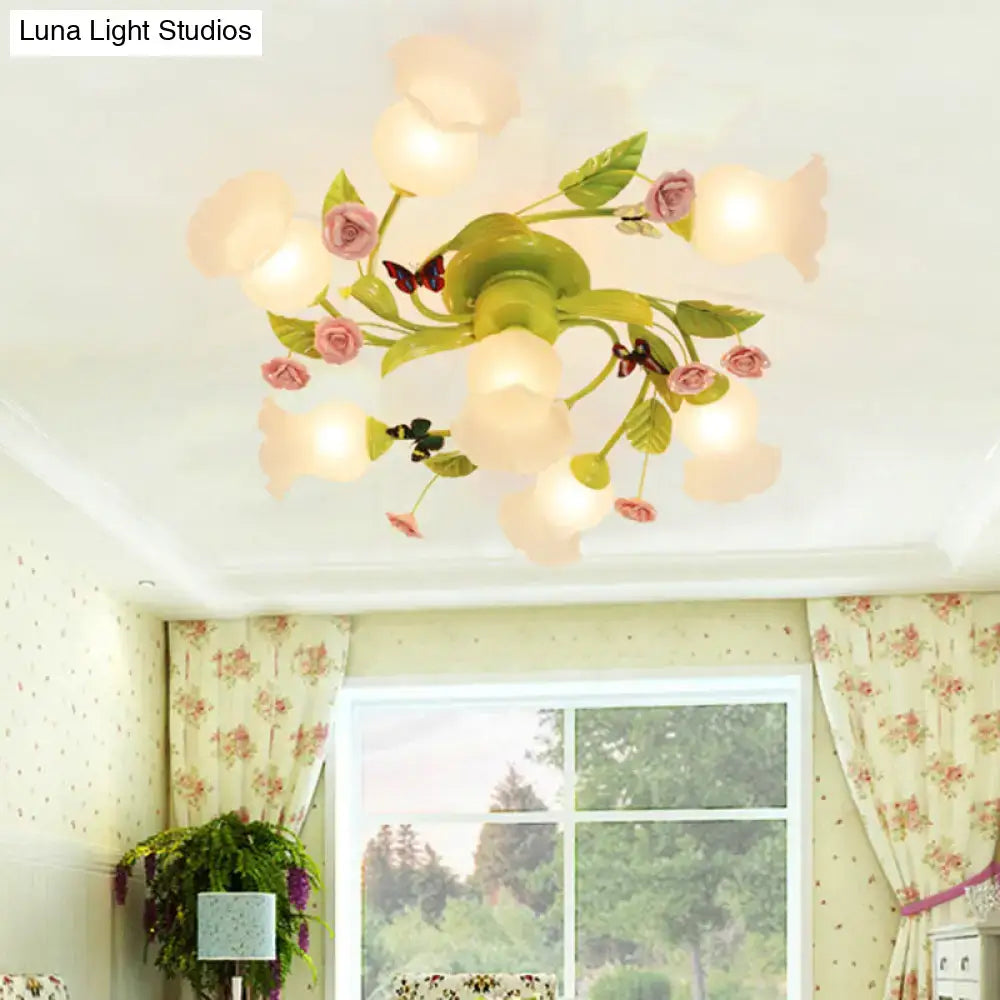 DecorBites™ Green Opaque Glass Spiral Bedroom Ceiling Light Fixture - Semi-Flush Mount (4/7 Bulbs) - Traditional Design