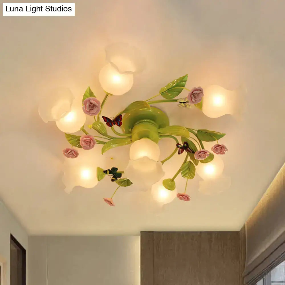 DecorBites™ Green Opaque Glass Spiral Bedroom Ceiling Light Fixture - Semi-Flush Mount (4/7 Bulbs) - Traditional Design