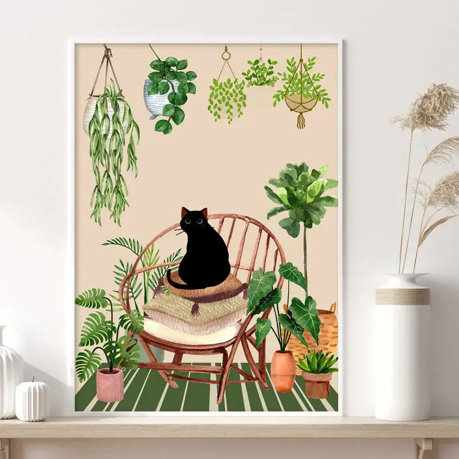 DecorBites™ Green Plants Black Cat Canvas Wall Art