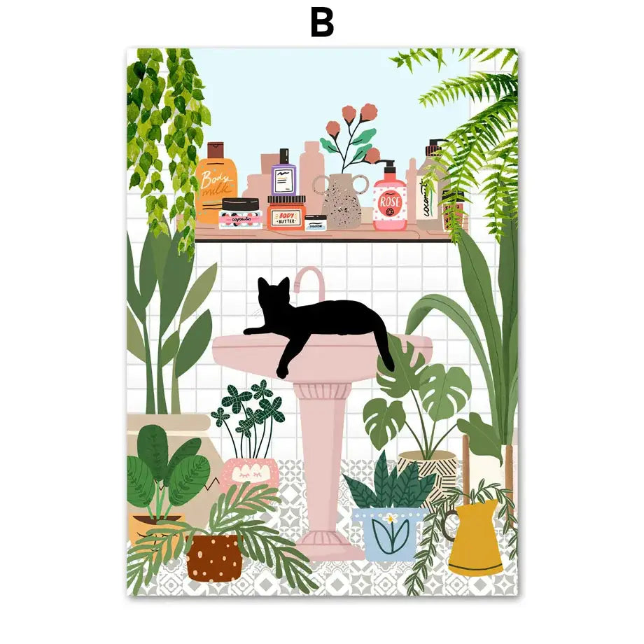 DecorBites™ Green Plants Black Cat Canvas Wall Art