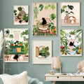 Set of six framed decorbites™ canvas wall art featuring black cat illustrations amid green plants in cozy interiors