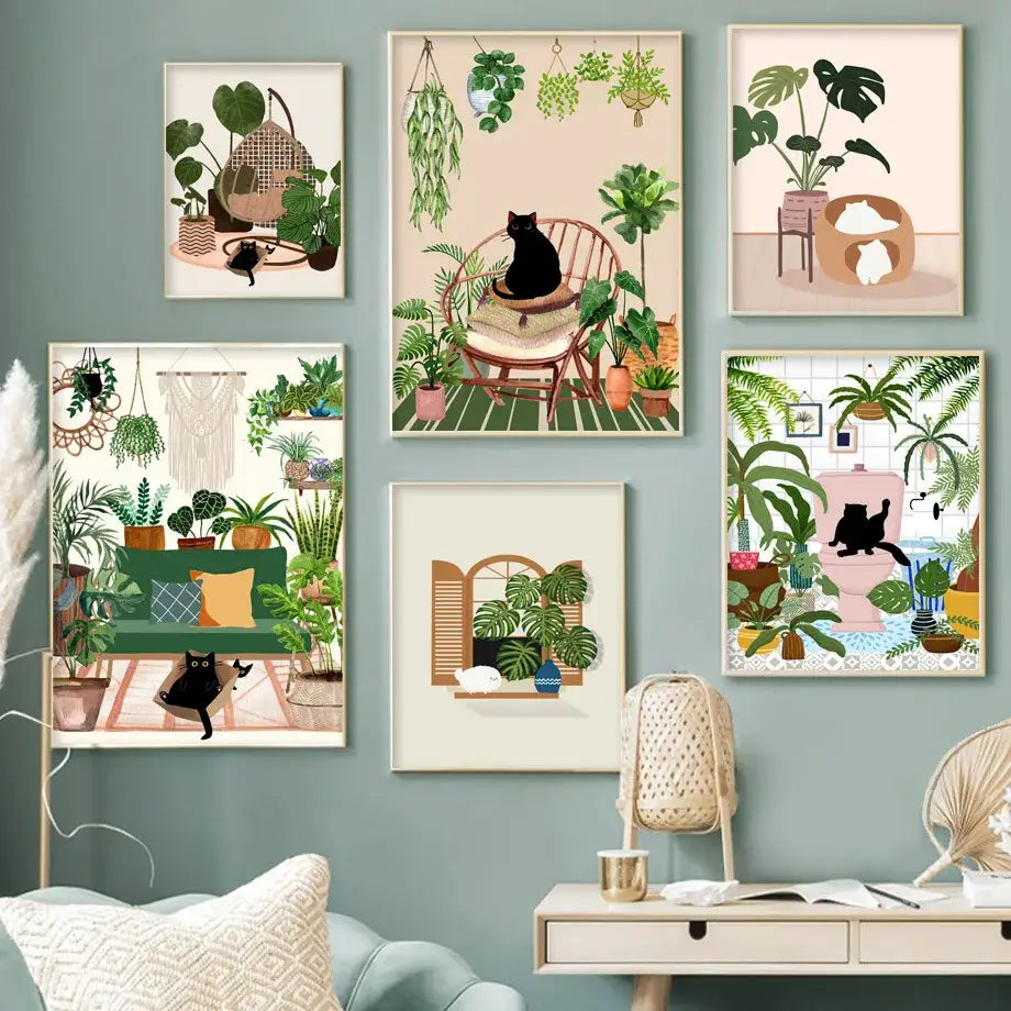 DecorBites™ Green Plants Black Cat Canvas Wall Art