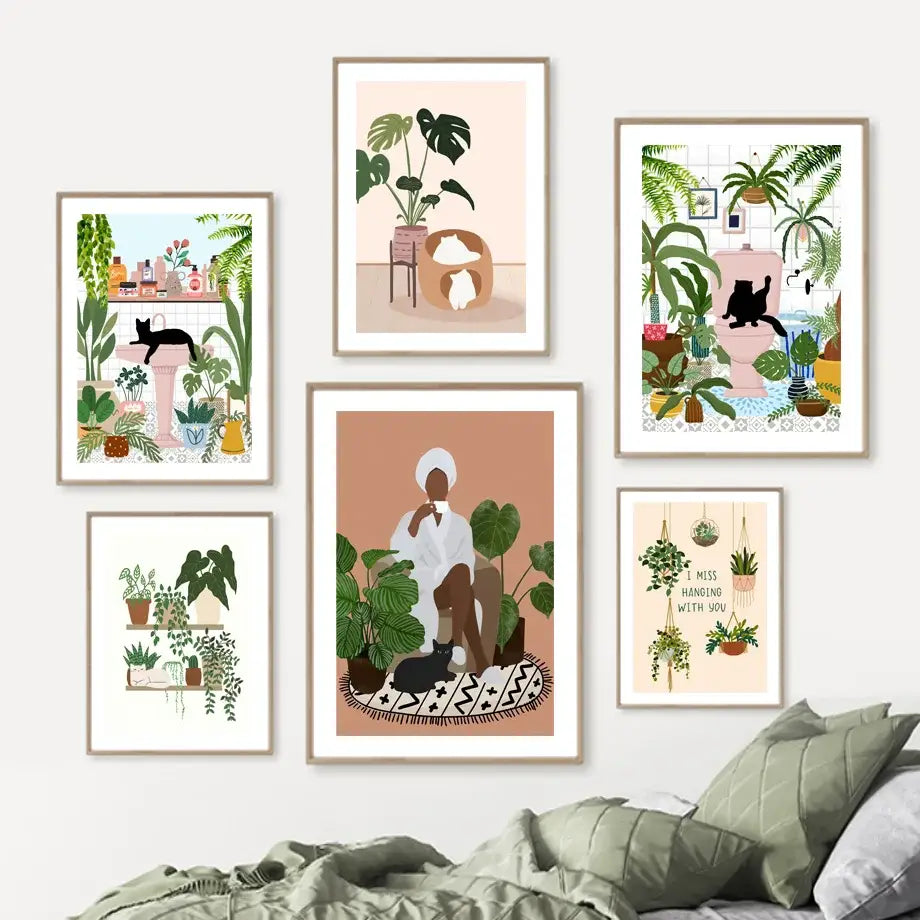 DecorBites™ Green Plants Black Cat Canvas Wall Art