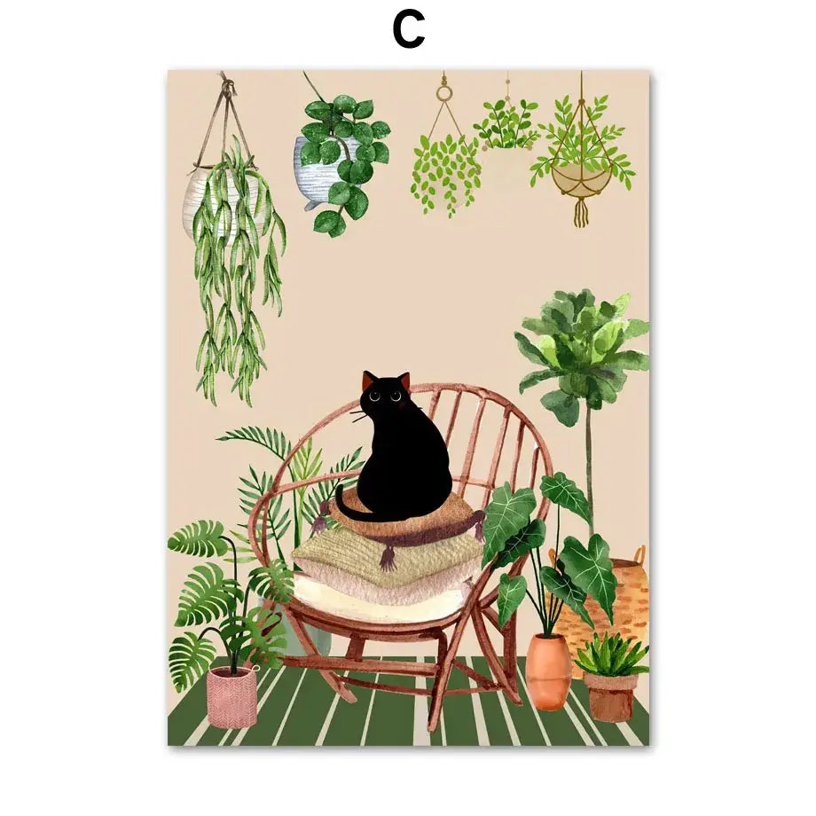 DecorBites™ Green Plants Black Cat Canvas Wall Art